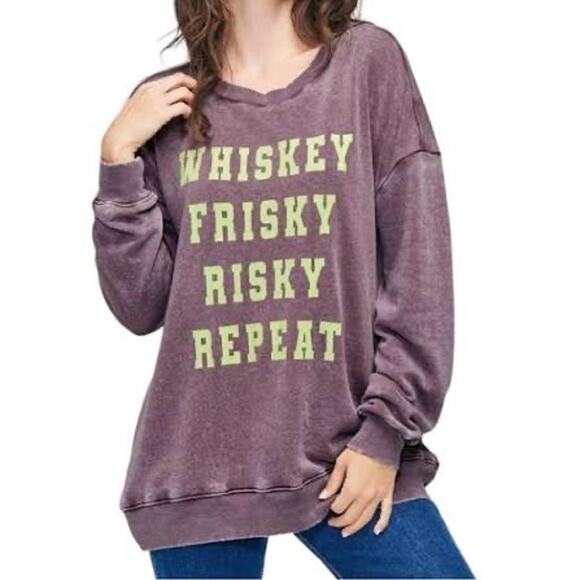 Wildfox Tops - Wildfox Frisky Roadtrip Whiskey Worn Purple Green Slub Sweatshirt Women’s XL NEW